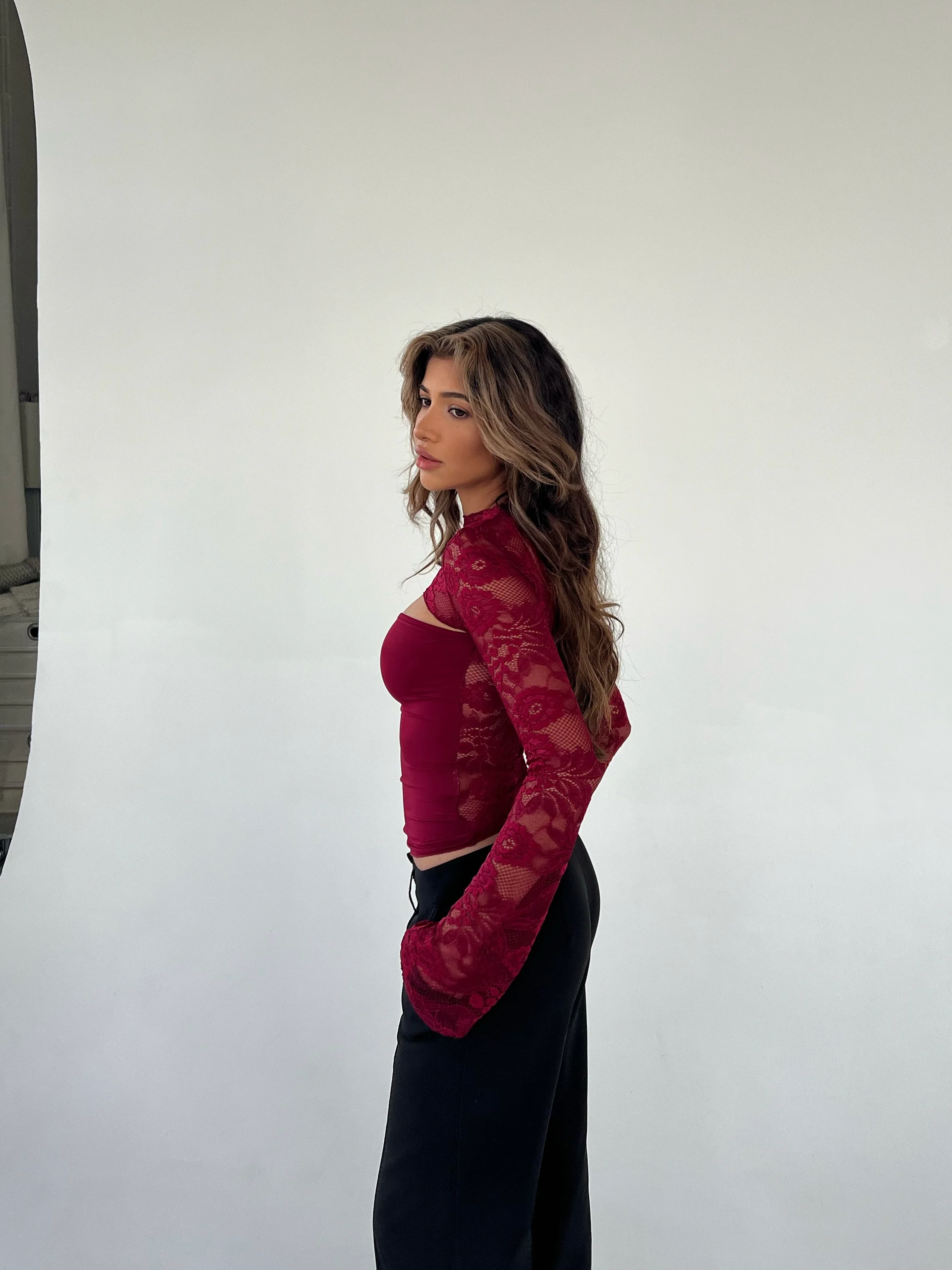Lara lace long sleeve top - dark red - Image 3
