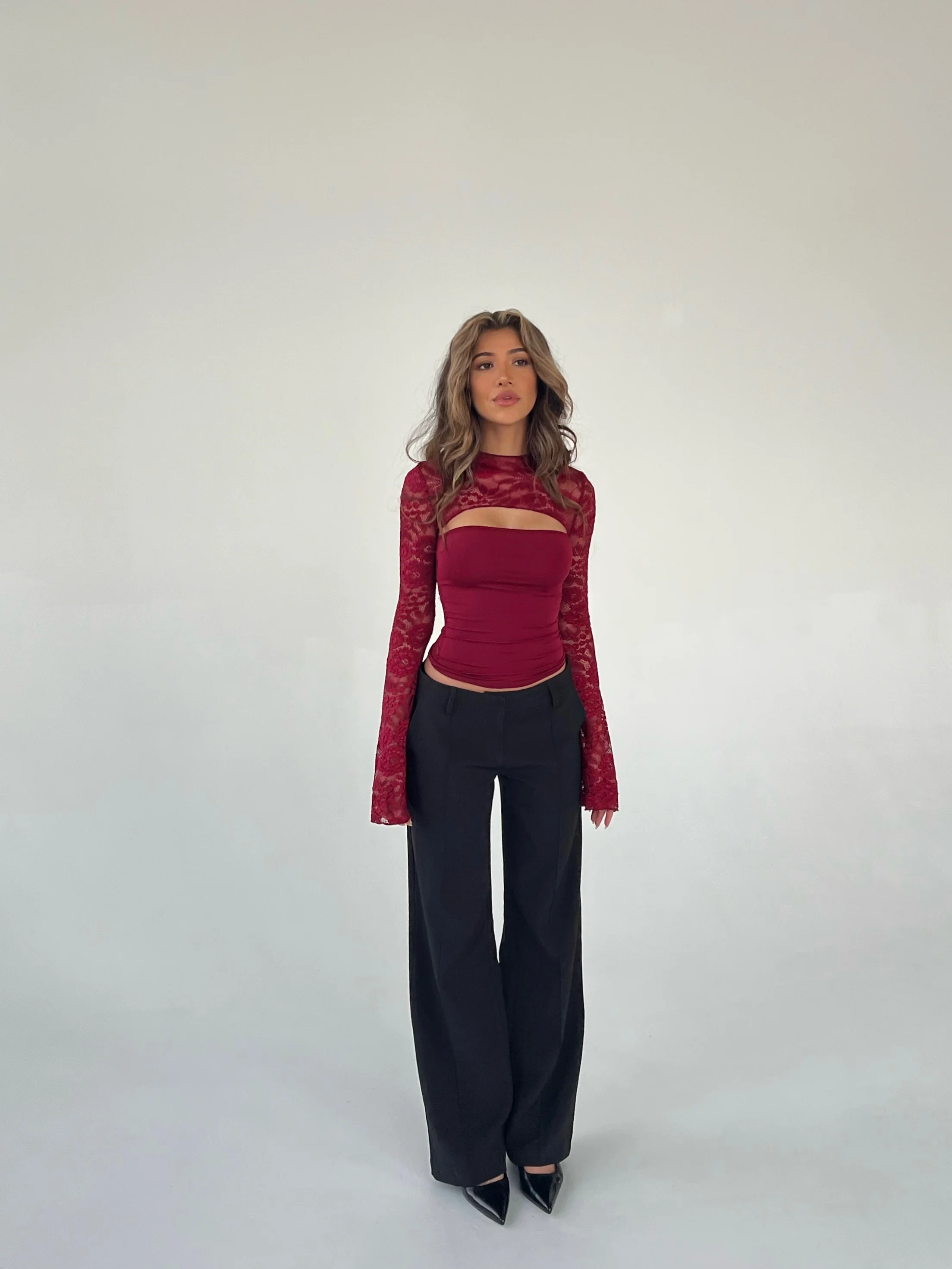 Lara lace long sleeve top - dark red - Image 4