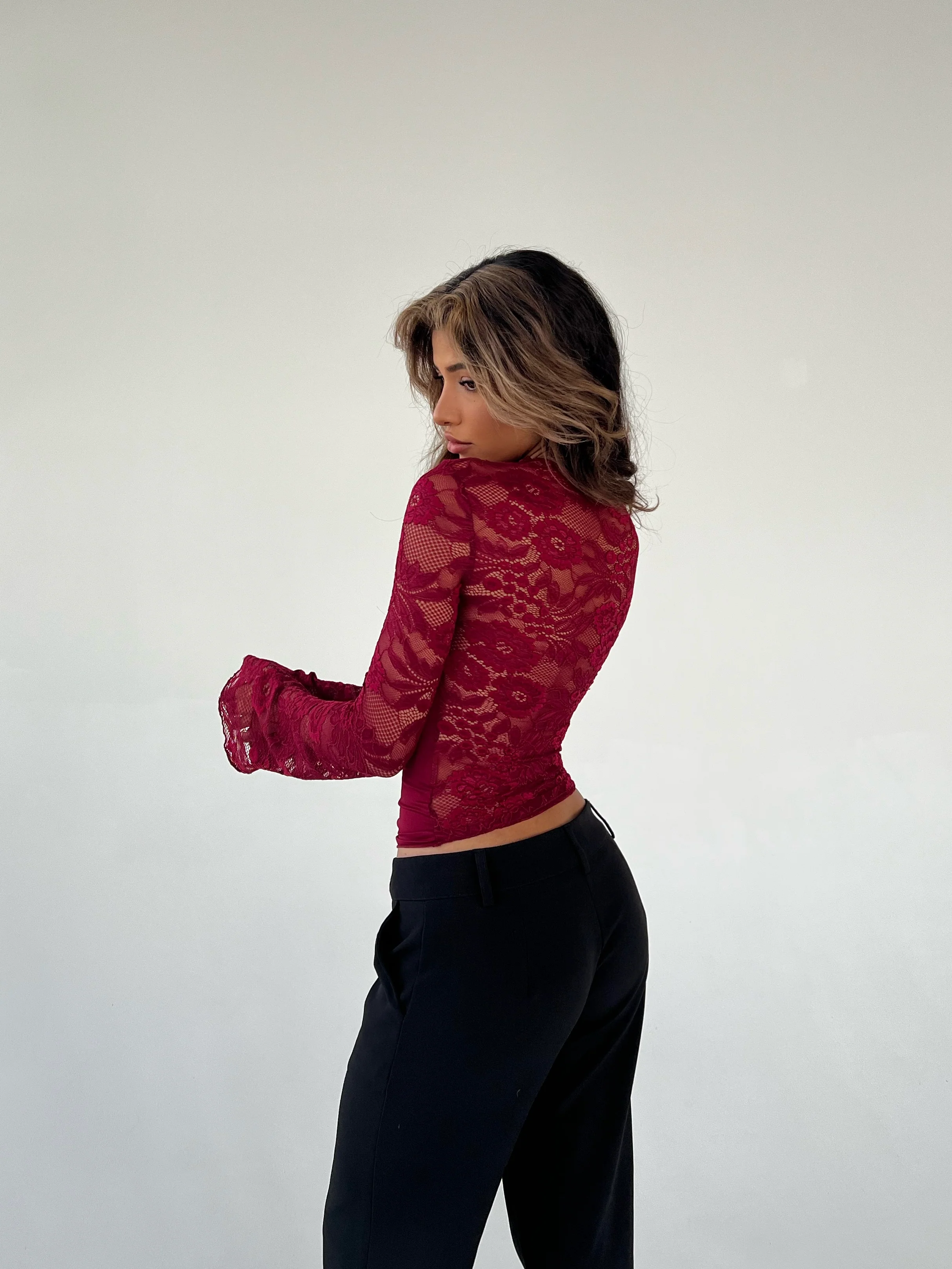 Lara lace long sleeve top - dark red - Image 5