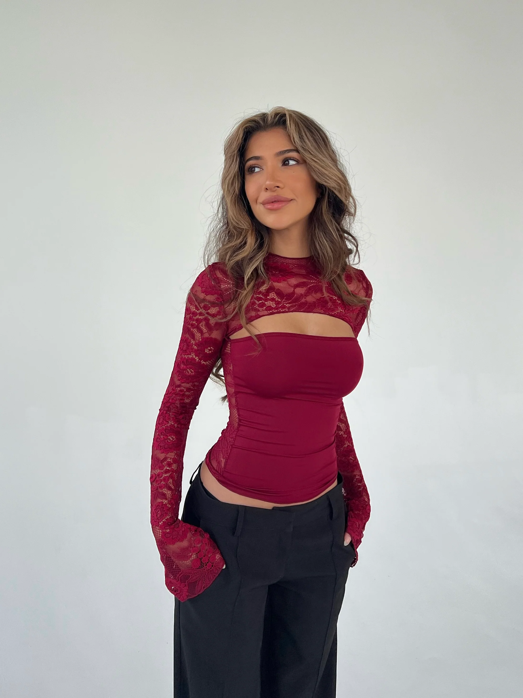 Lara lace long sleeve top - dark red - Image 6